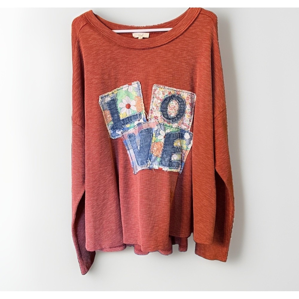 Women's Oversized Ribbed Quit Patchwork Size L Boho Pullover Shirt